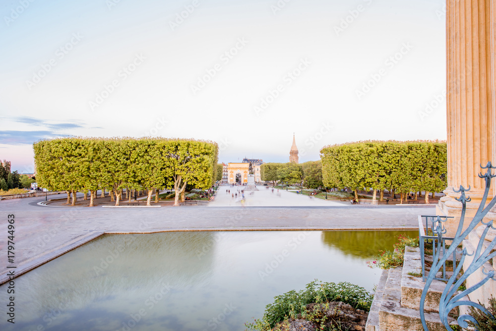 View on the Peyrou gardens with fountain during the evening light in Montpellier city in southern Fr