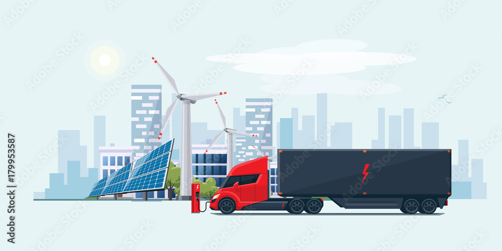 带太阳能电池板和风力涡轮机的城市电动半卡车