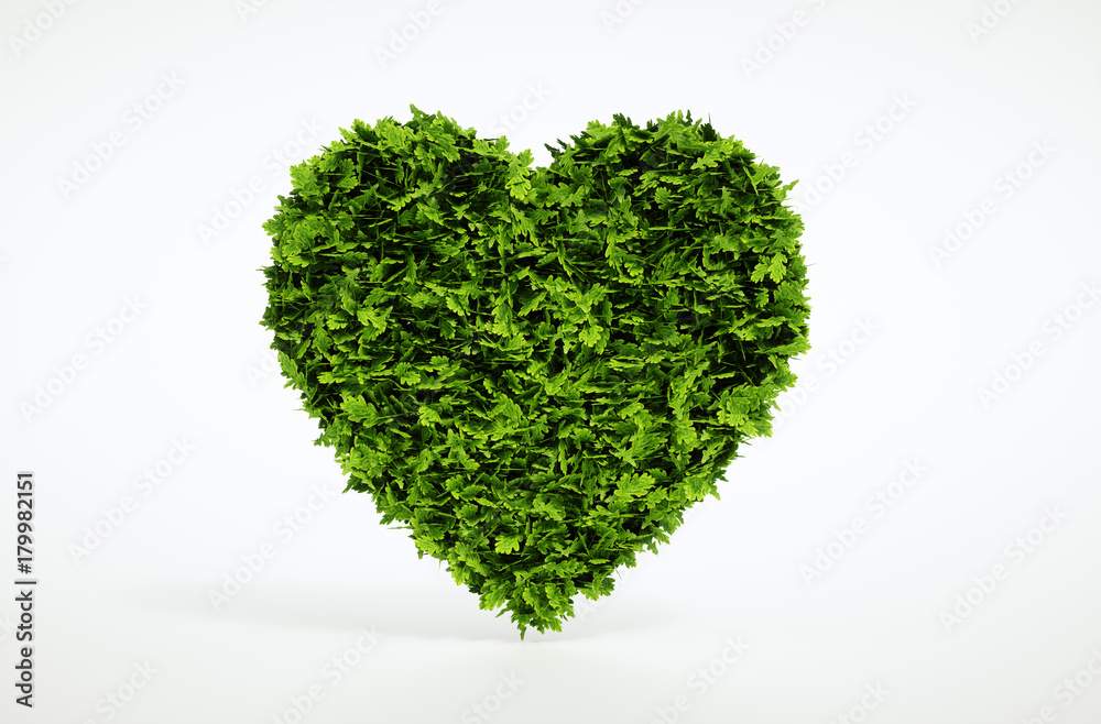 白色背景上隔离的绿色心脏。三维插图。