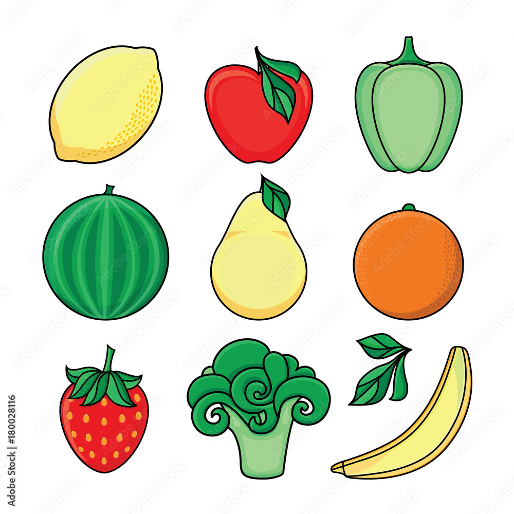 矢量平面草图风格的新鲜成熟水果、蔬菜套装。苹果、酸橙、甜椒、苹果、西瓜