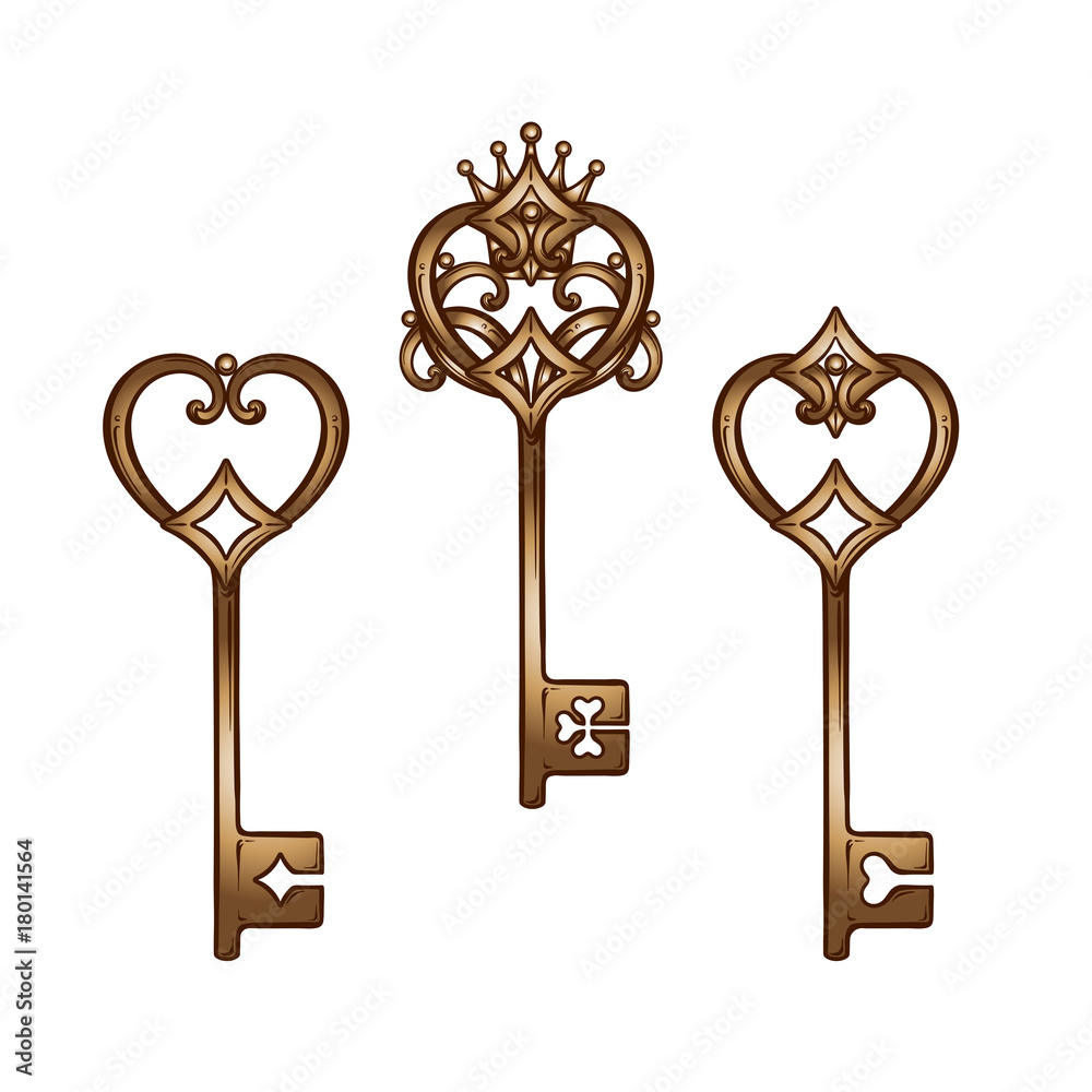 复古心形青铜古董骨架钥匙套装。手绘孤立矢量插图