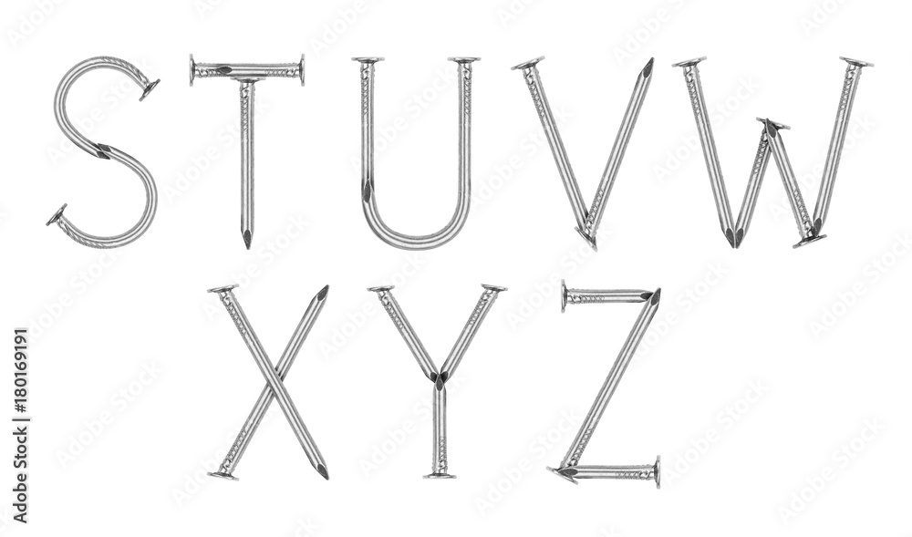 白色背景上由指甲制成的字母表（第3部分）。字母S、T、U、V、W、X、Y和Z。