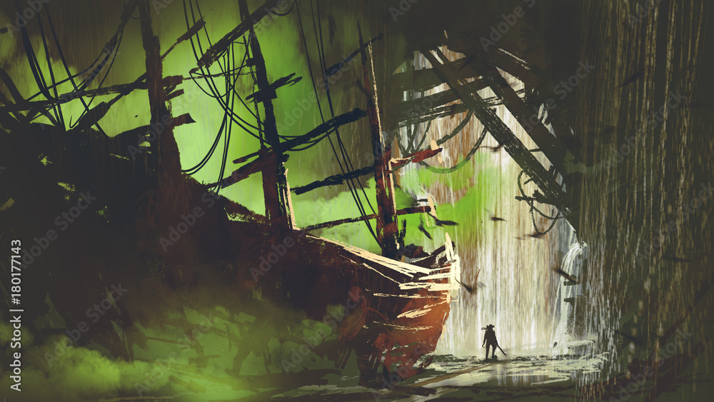 a pirate who has found the abandoned ship with green smoke in waterfall cave, digital art style, ill