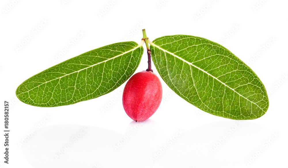 karanda或carunda热带水果，绿色叶子孤立在白色背景上