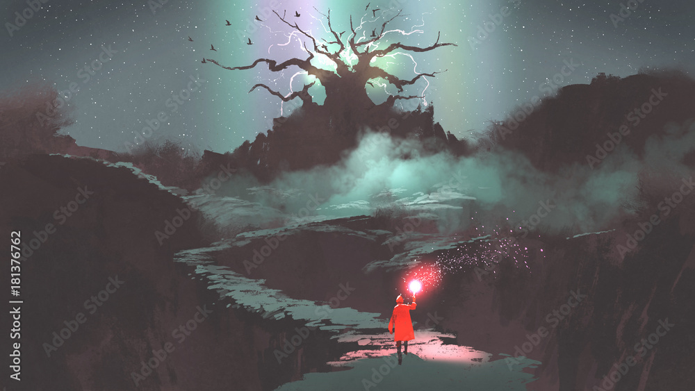 戴着红帽子、手持魔法火炬的女孩走在通往幻想树的山路上，迪吉塔