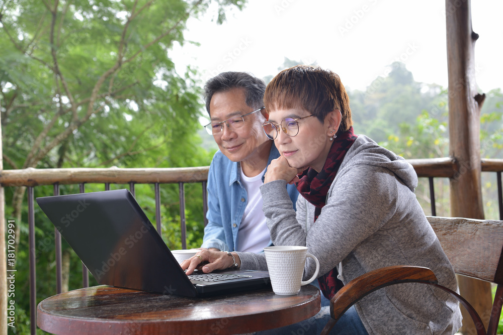 幸福的老年夫妇在家里用笔记本电脑，绿色花园背景