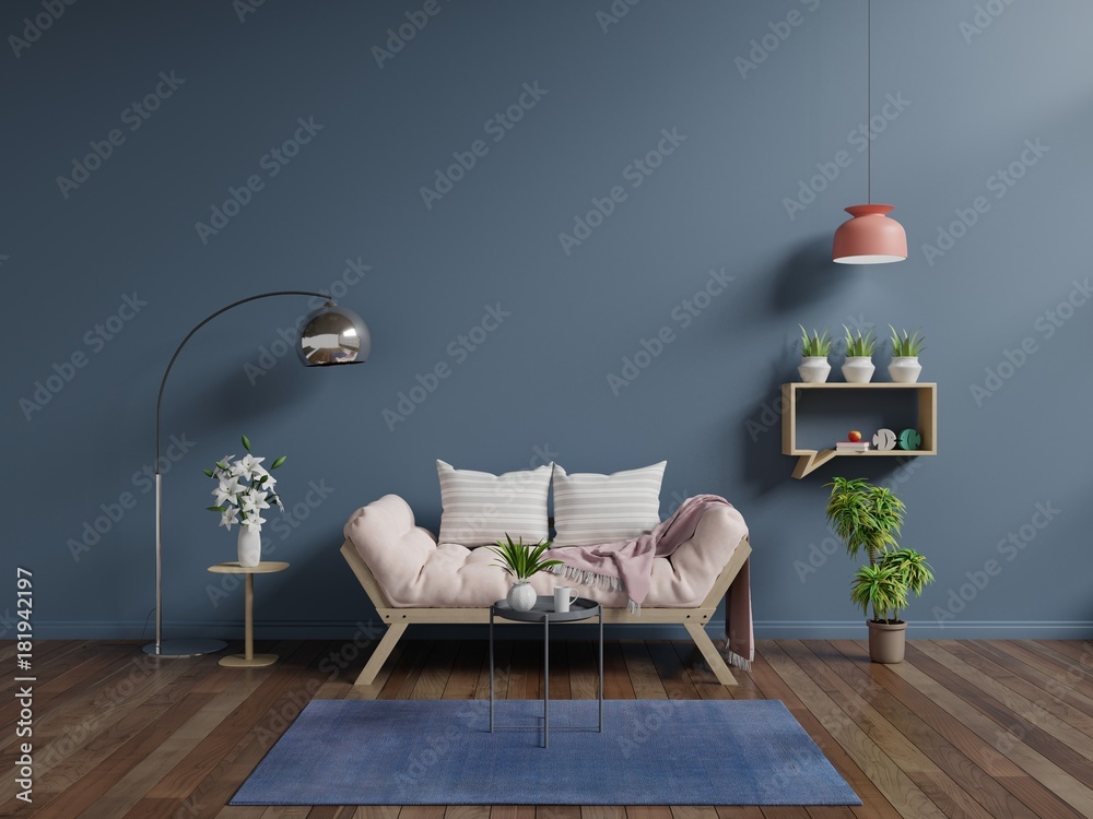 客厅粉色沙发，深色墙壁。3D渲染
