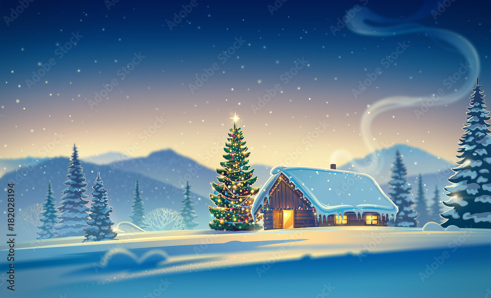 Forest landscape with winter house and festive christmas trees. Raster illustration.