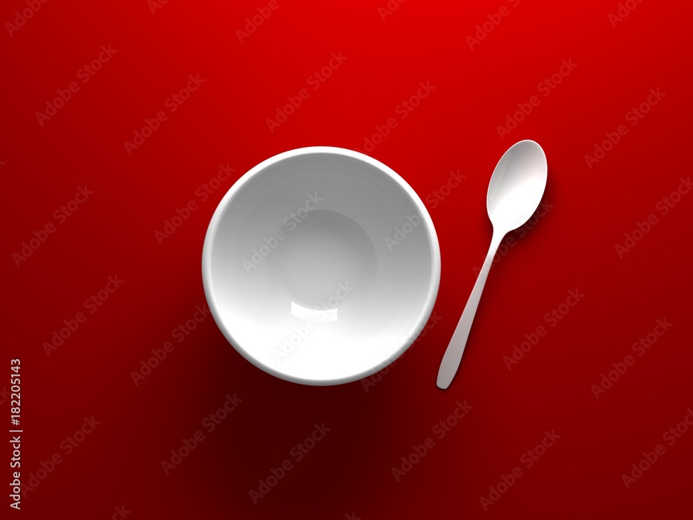 从俯视图看，白色碗和勺子放在红色背景上