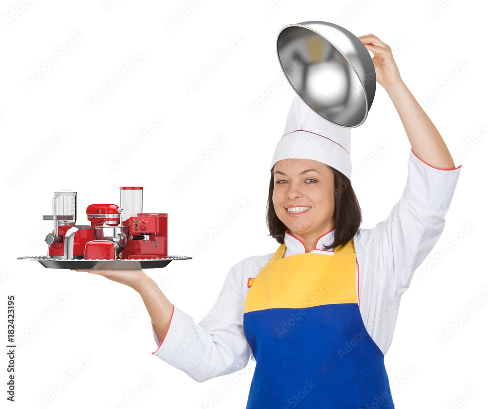 厨房用具套装。漂亮的年轻女厨师，带红色搅拌机、烤面包机、咖啡机、肉类G