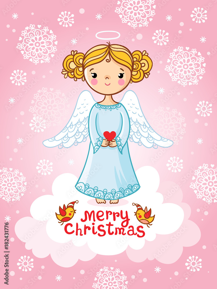 矢量贺卡，天使站在云端。粉色天使的圣诞插图