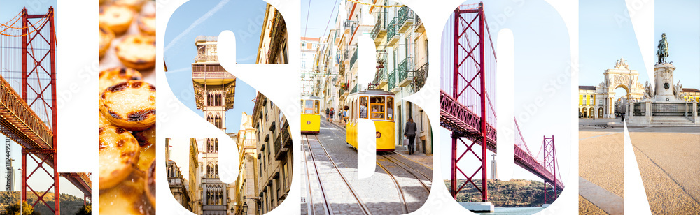 里斯本信件中充满了里斯本市著名景点和传统葡萄牙美食的图片，