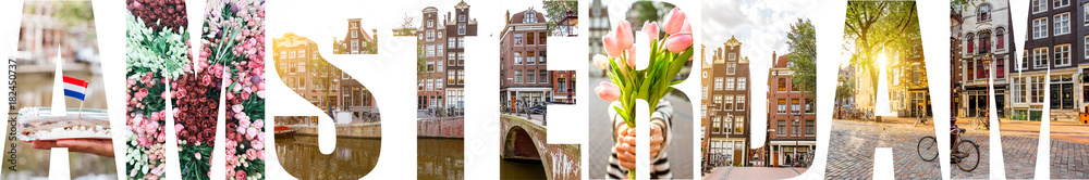 阿姆斯特丹信件中充满了荷兰阿姆斯特丹市著名景点和城市景观的图片