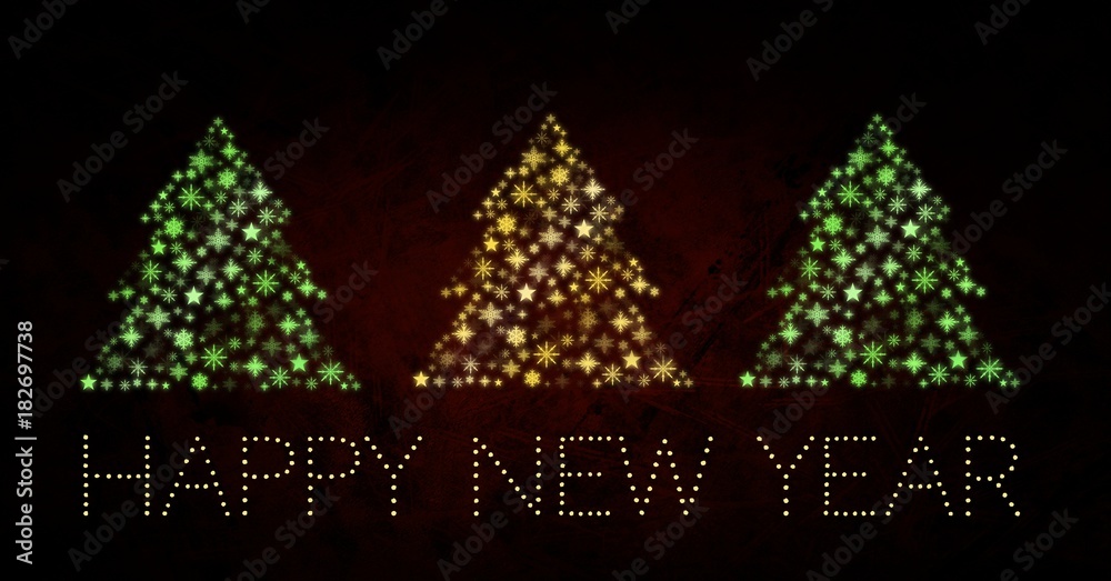 新年快乐文字和雪花圣诞树图案形状