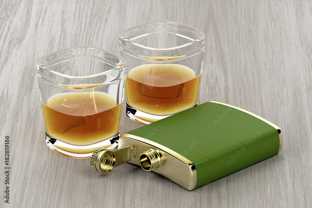 绿色摇瓶和几杯威士忌