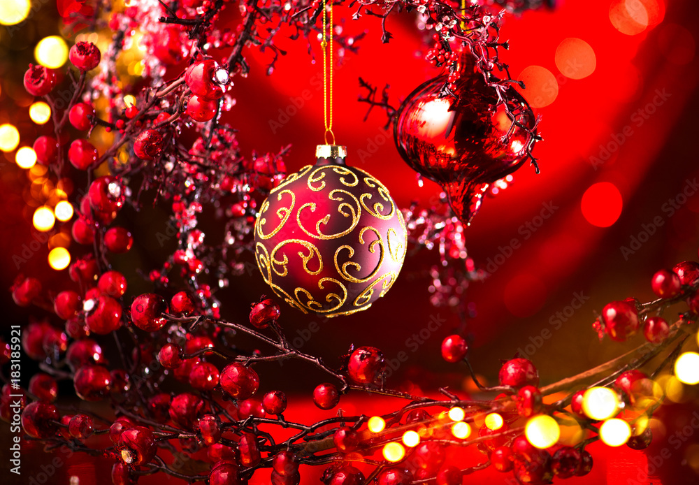 Christmas and New Year red decoration. Abstract blinking holiday background