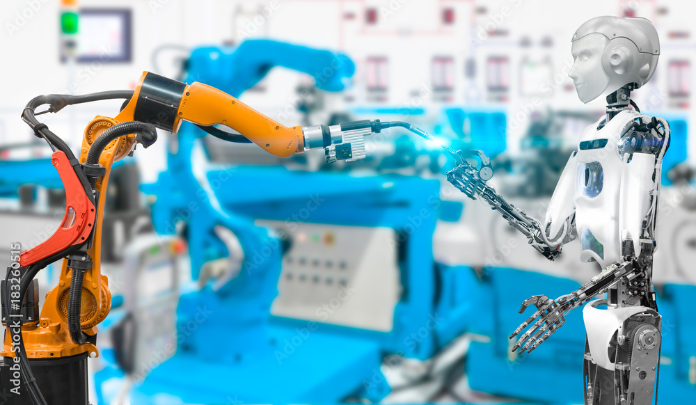 智能工厂工业中的仿人机器人和焊接机器人，未来的技术理念
