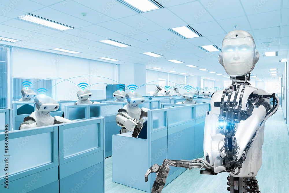 机器人团队在办公室工作，未来技术理念