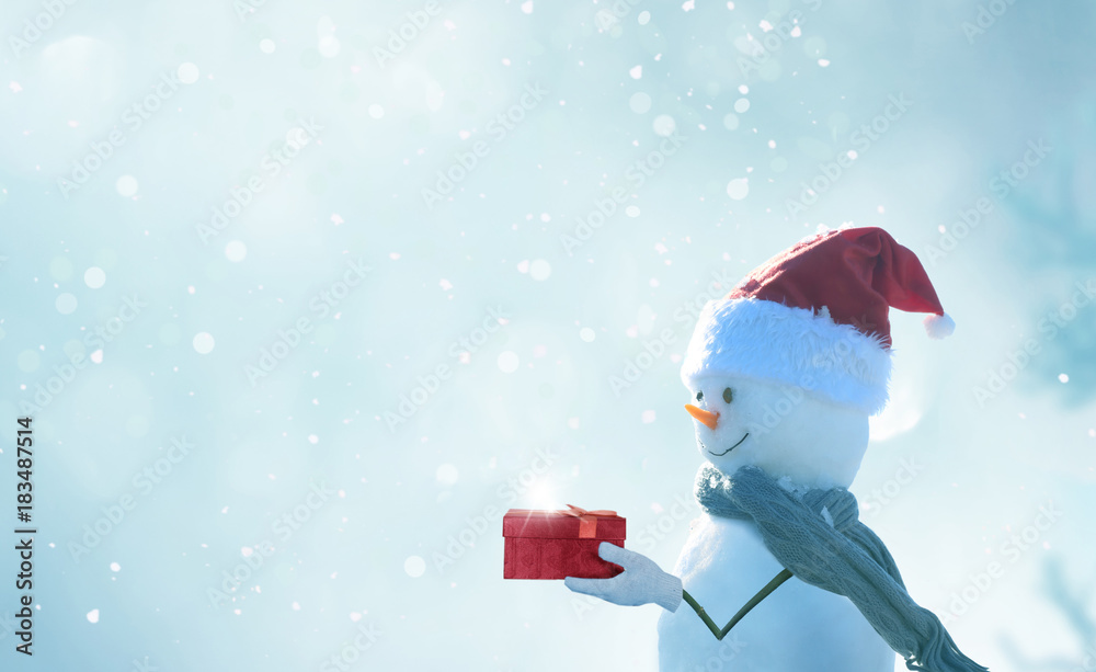 圣诞快乐，新年快乐贺卡。快乐的雪人站在冬天的圣诞土地上