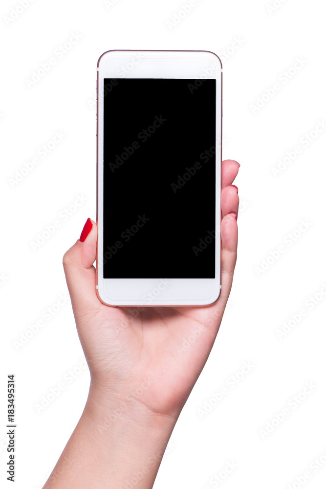 白色背景下女性手中的现代智能手机