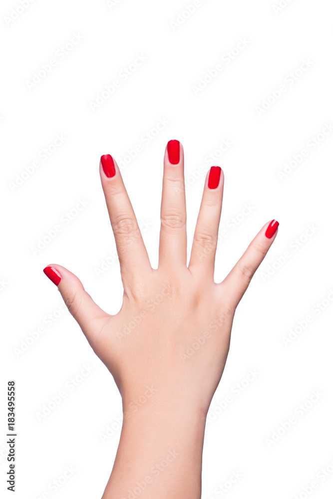 女性用五个手指做手势的手被隔离在白色背景上