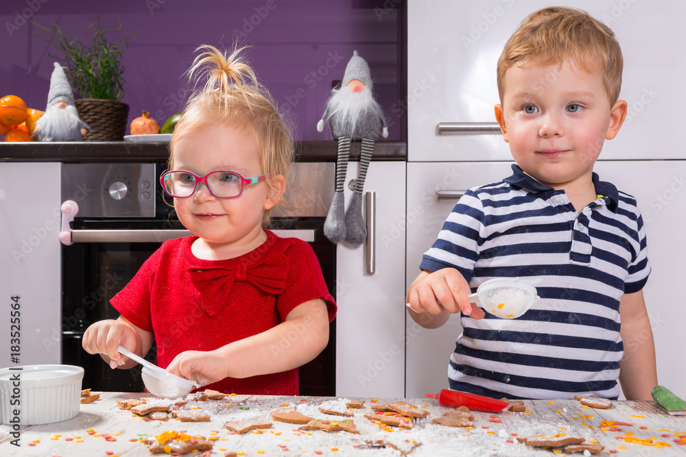 可爱的双胞胎小男孩和女孩在厨房装饰圣诞饼干