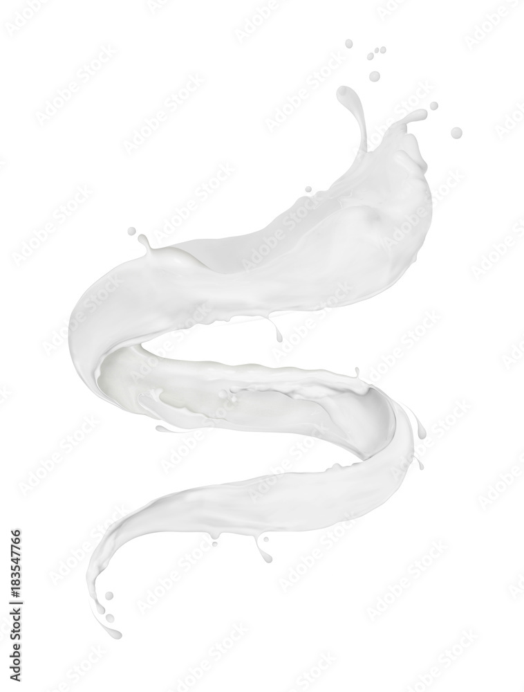 牛奶飞溅在白色背景上扭曲成螺旋状