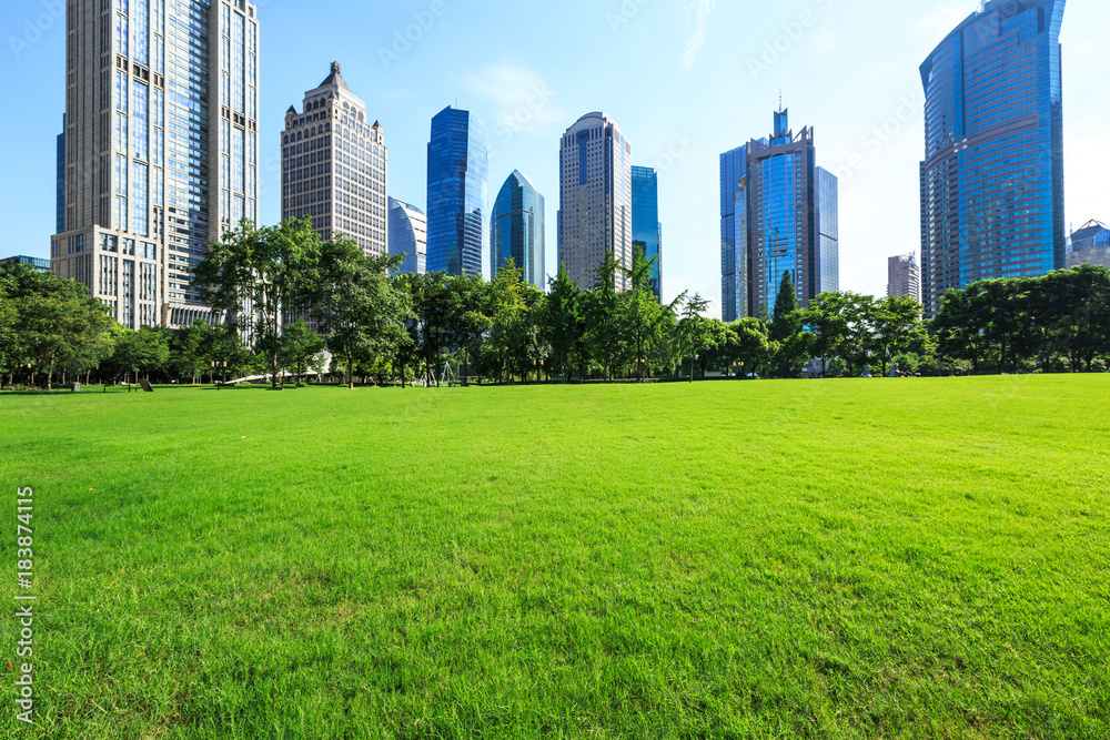 中国上海商业区现代城市建筑与绿色城市公园