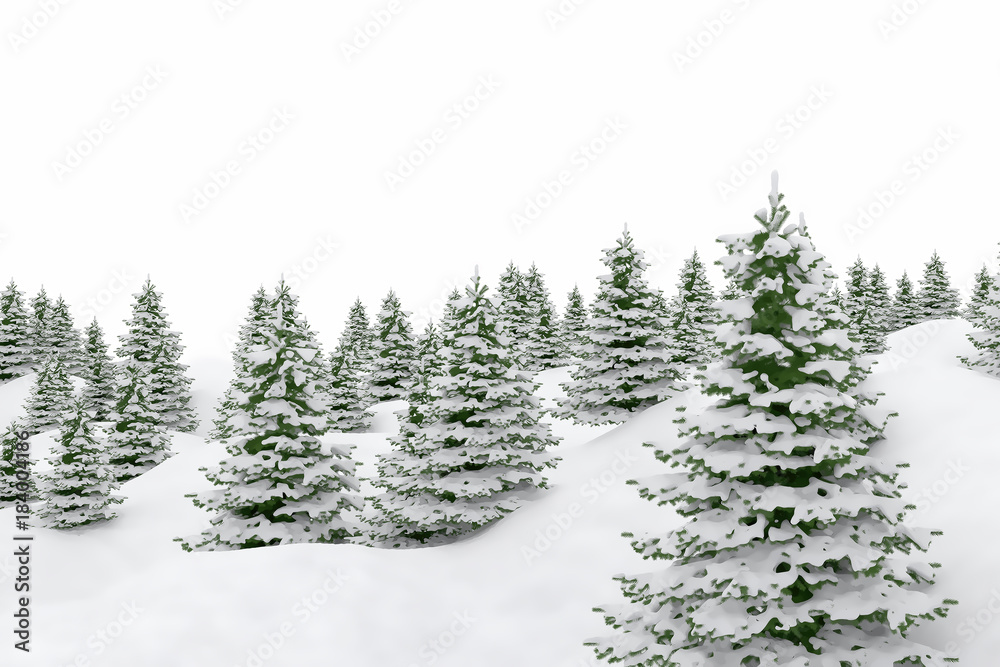 白色背景下被雪覆盖的冬季景观树木和山丘