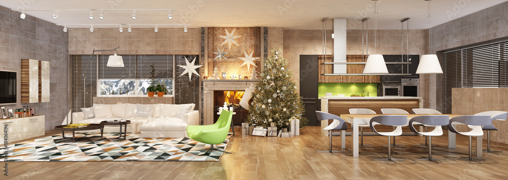 Modern house interior with christmas tree
