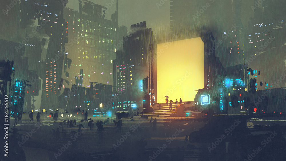 传送站有很多人的未来城市夜景，数字艺术风格，插图