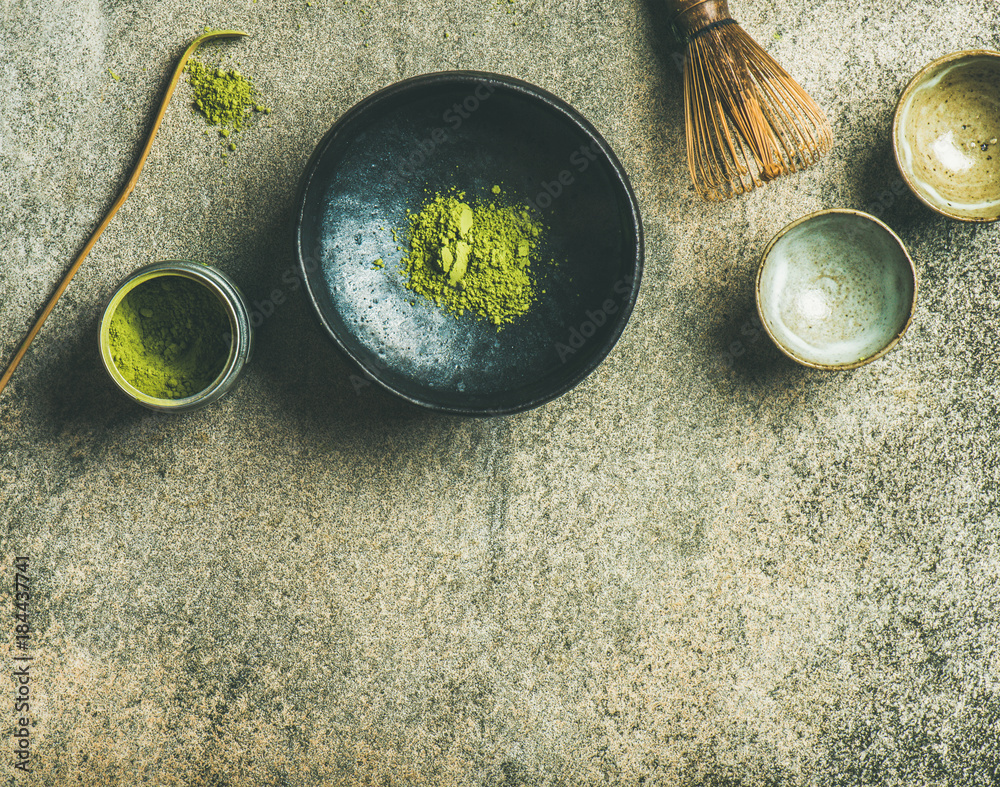 日本抹茶绿茶冲泡工具的平面图。锡罐抹茶粉，Chashaku勺子，C