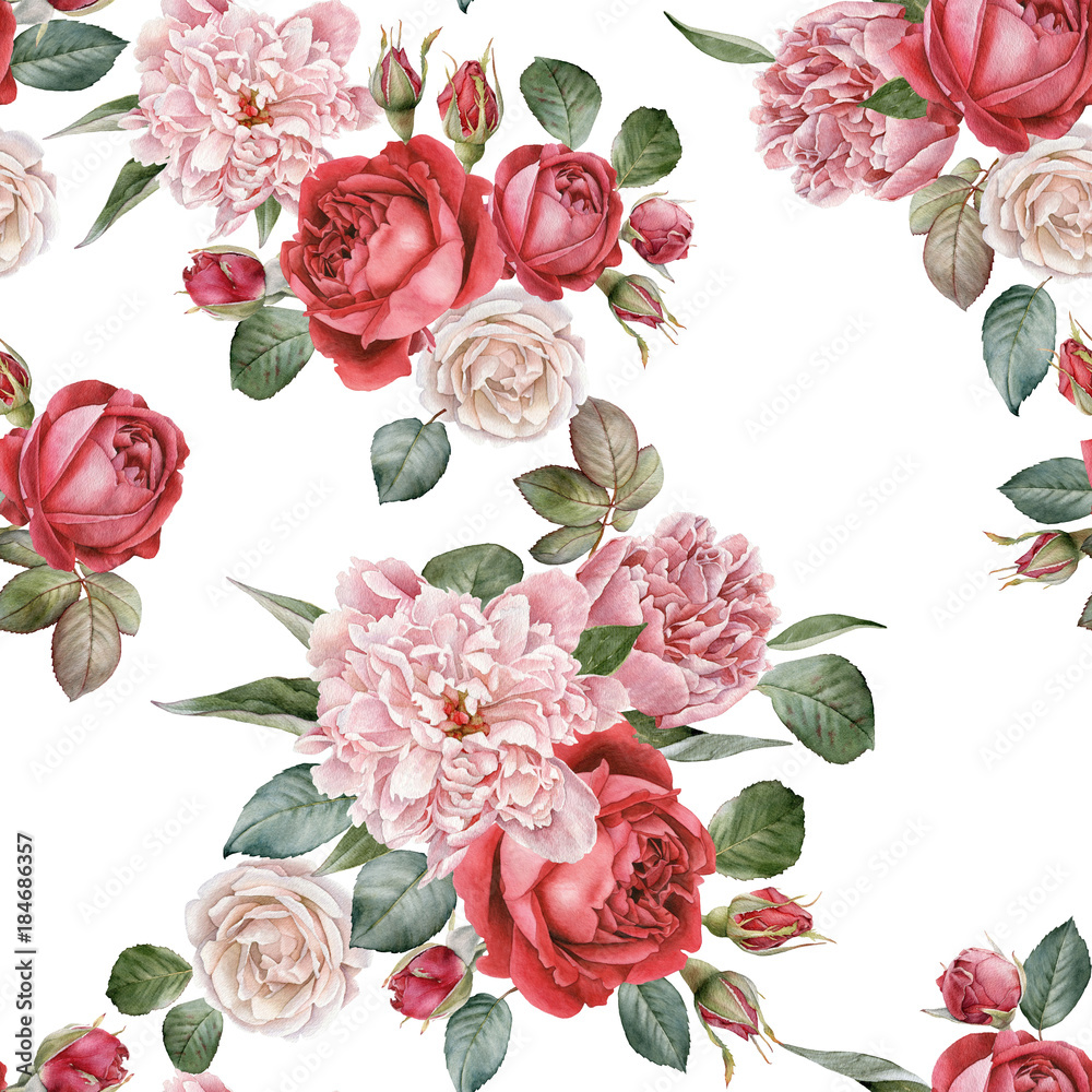 水彩红玫瑰和牡丹的花卉无缝图案