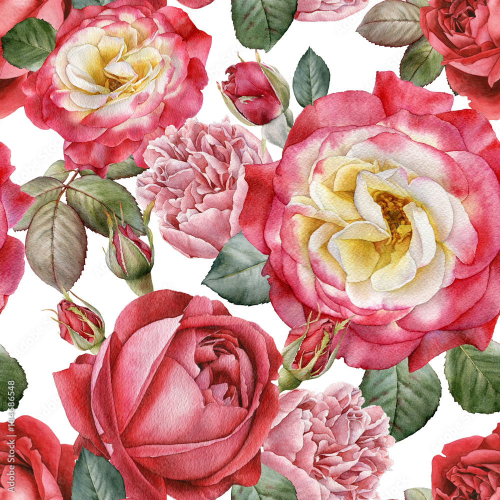 水彩玫瑰和牡丹的花卉无缝图案