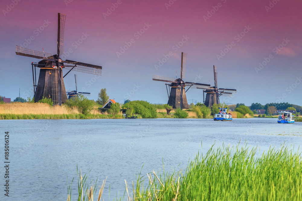 Kinderdijk博物馆壮观的风车，落日余晖绚丽，荷兰，欧洲