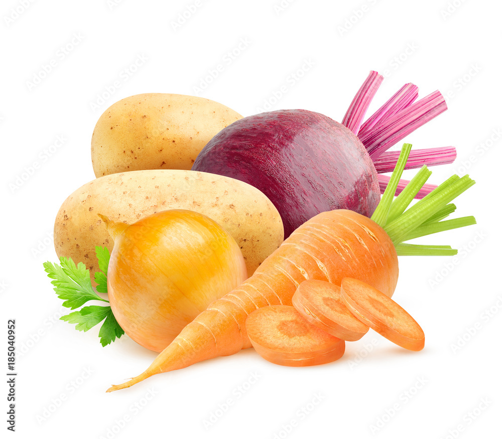 Isolated vegetables. Raw carrot, onion, potatoes and beetroot isolated on white background with clip