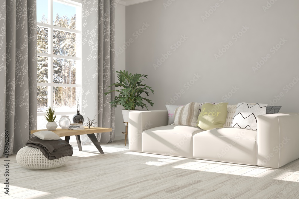 带沙发的白色房间，窗户里有冬季景观。斯堪的纳维亚室内设计。3D插图