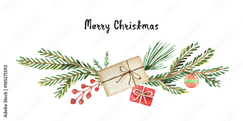 水彩矢量圣诞花环，带有冷杉树枝、礼物和文字。