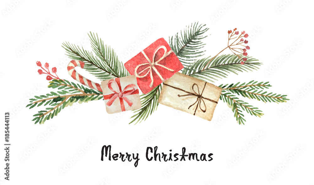 水彩矢量圣诞花环，带有冷杉树枝、礼物和文字。