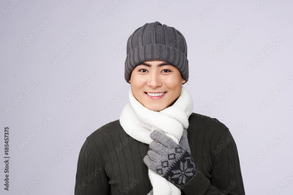 men in sweater isolated on the white with winter hat