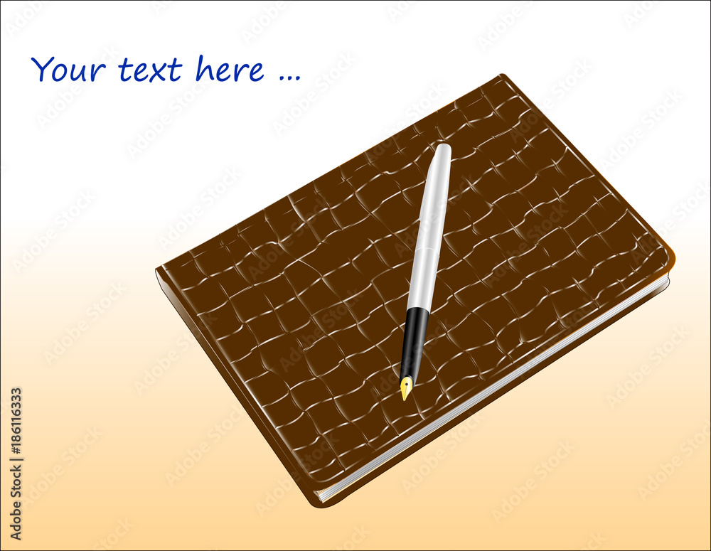 笔记本上有金色羽毛的钢笔，棕色皮革封面，类似鳄鱼皮