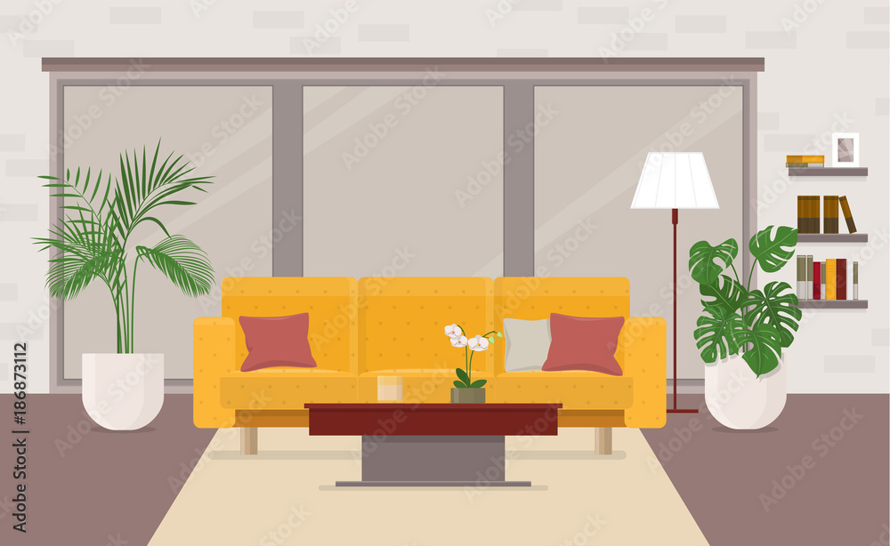 带家具、全景窗和装饰的客厅内部