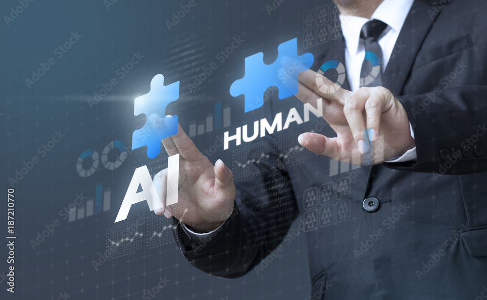 Business man mergers A.I. (Artificial Intelligence) and human
