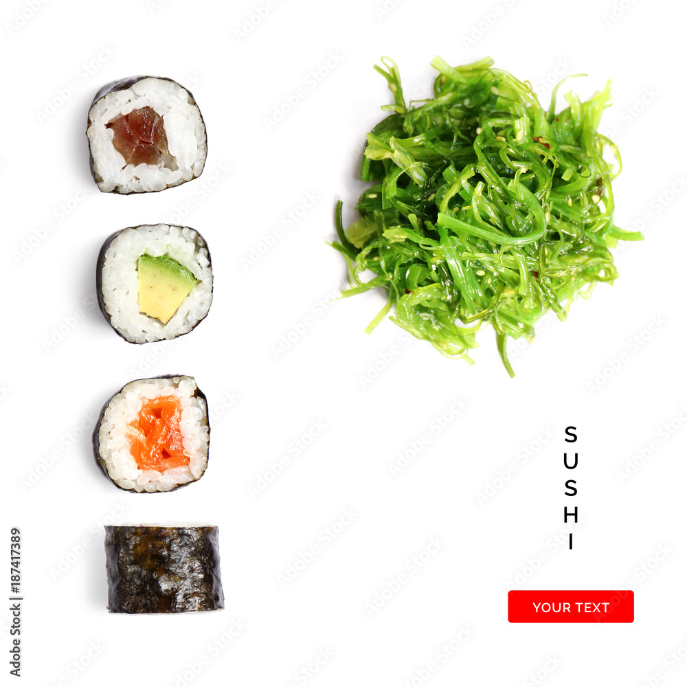 Creative layout made of sushi and wakame. Flat lay. Food concept. Macro  concept.