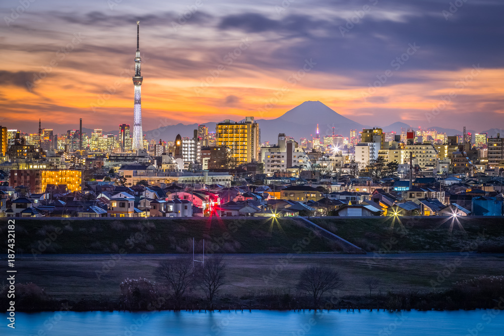 日落后的东京城市景观和富士山