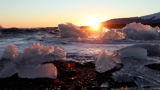 Small icebergs on the shore of a black sand beach in Iceland at sunset.
