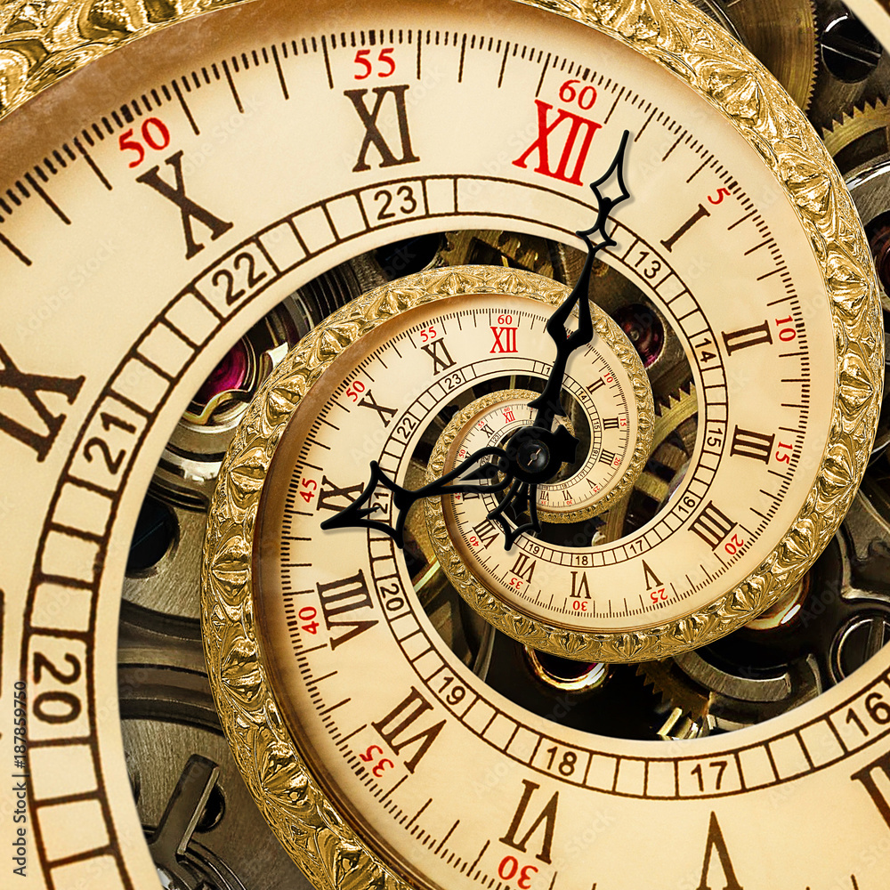 超现实的古董老钟抽象分形螺旋。具有机制的钟表不同寻常的抽象文本