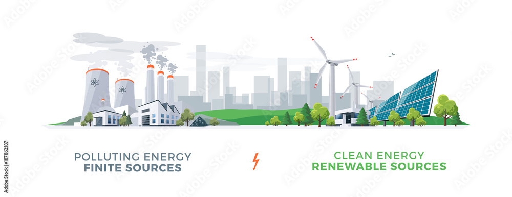 Vector illustration showing clean and polluting electricity generation production. Polluting fossil 