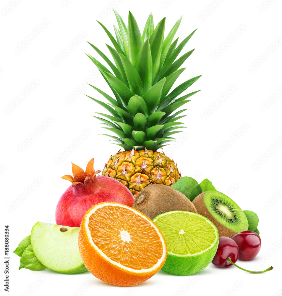 Assortment of exotic fruits isolated on white background with clipping path