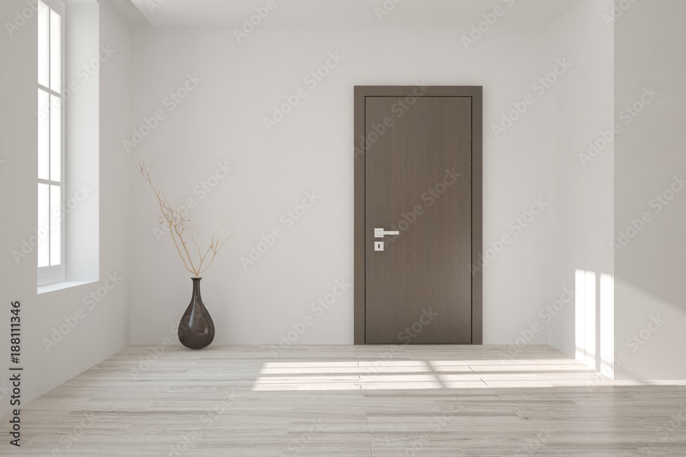 带门的白色空房间。斯堪的纳维亚室内设计。3D插图